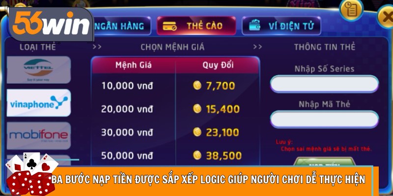 Ba bước nạp tiền được sắp xếp logic giúp người chơi dễ thực hiện